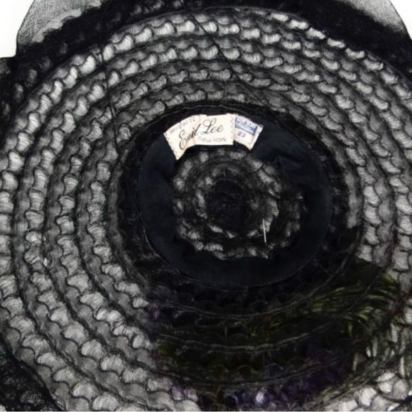 1940s cartwheel hat wide brim black crinoline horse hair with millinery flowers main image 4